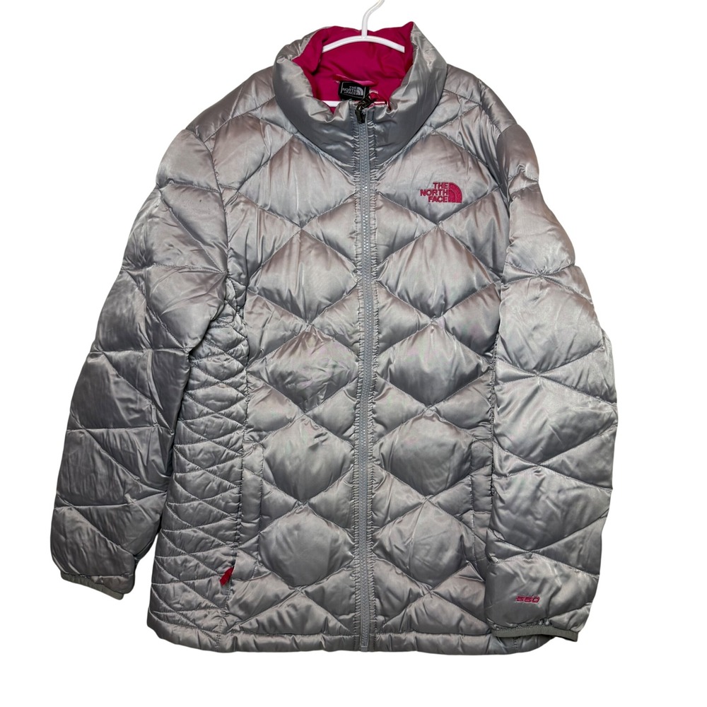The North Face Girls XL 18 Silver Down Puffer Jacket Hooded Pink Lined 550 Fill‎